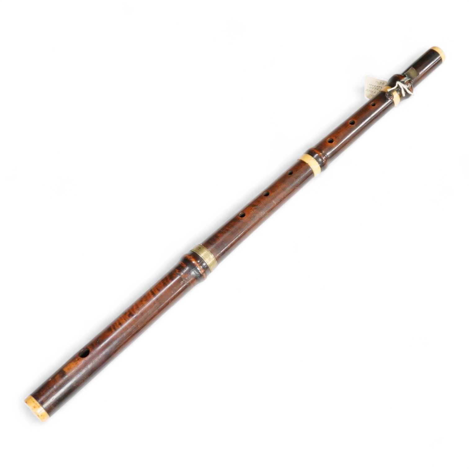 A 19th century crocus wood and ivory flute possibly by Metzler, six holes and one key to the foot joint, 60.5cm long, ivory submission ref: HMMH3U4M